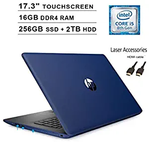 2020 Newest HP Pavilion 17.3 Inch Touchscreen Laptop (Intel Quad-Core i5-8265U up to 3.9GHz, 16GB DDR4 RAM, 256GB SSD+2TB HDD, WiFi, Bluetooth, HDMI, Webcam, DVD, Windows 10 Home) (Blue) +Laser HDMI