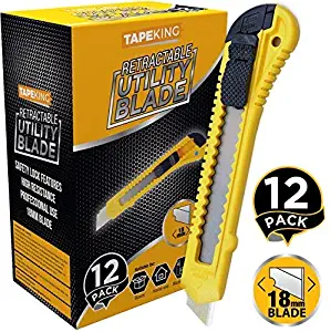 Tape King Utility Knife Box Cutters (12-Pack Bulk, 18mm Wide Blade Cutter) - Retractable, Compact, Extended Use for Heavy Duty Office, Home, Arts Crafts, Hobby for Cutting Boxes, Cartons, Cardboard