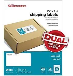 Office Depot White Inkjet/Laser Shipping Labels, 2in. x 4in, Pack of 250, 505-O004-0007