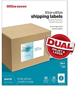 Office Depot White Inkjet/Laser Shipping Labels, 5 1/2in. x 8 1/2in, Pack of 50, 505-O004-0022