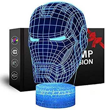 Iron Man 3D Night Light, XXMANX LED 7 Colors Changeable Illusion Lamp USB Powered Touch Switch with Crack Base Bedside Decor Lamp for Boys Kids Gifts (Iron Man Type 3)