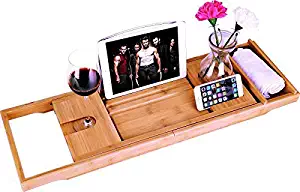BOSSJOY Luxury Wood Bamboo Bathtub Bath Tub Caddy Tray with Extending Sides Built in Book Tablet Phone Wineglass Holder